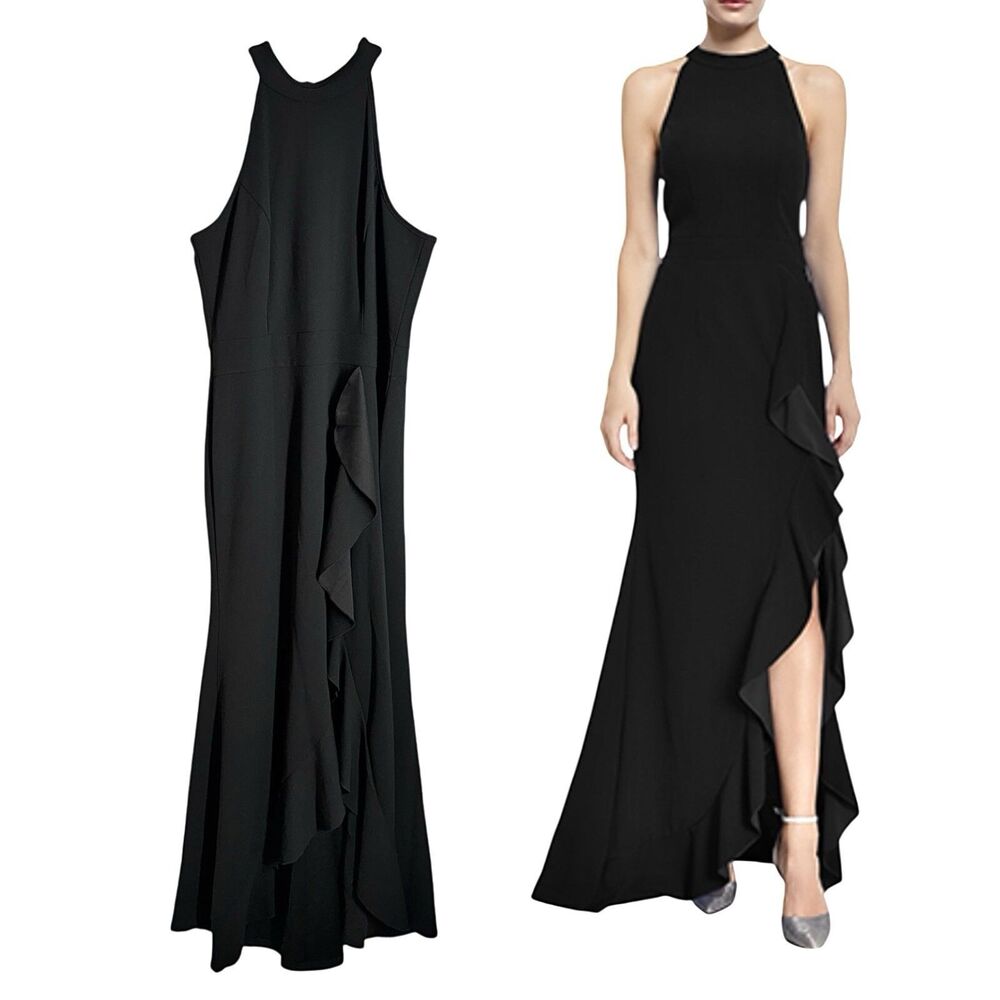 WOOSEA Black Evening Gown Split Front Long Dress High Neck Racer Back